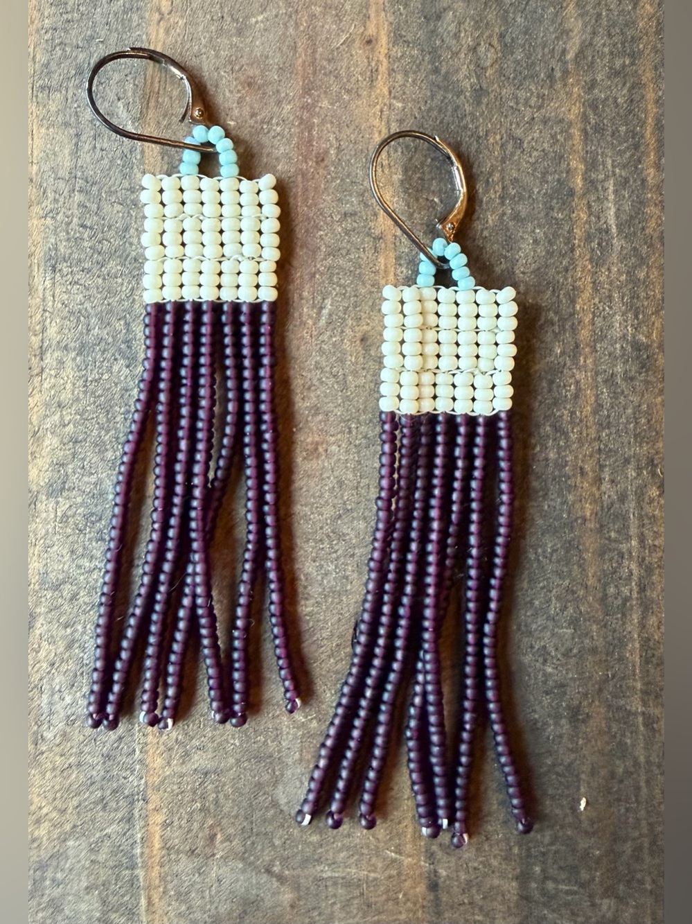 Handmade Cream and Deep Plum Beaded Fringe Earrings